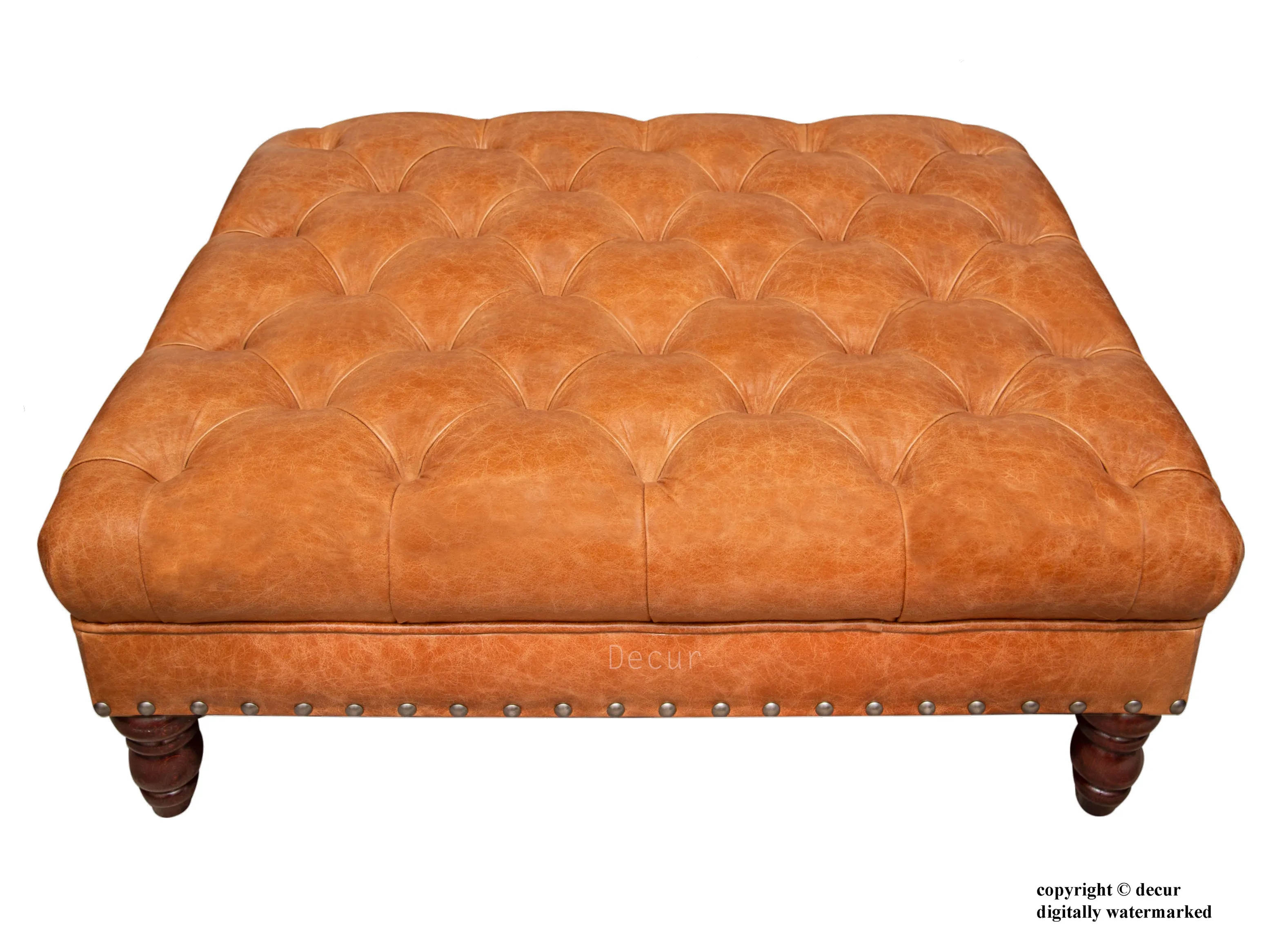 Carrington Buttoned Leather Footstool - Sherry Tan