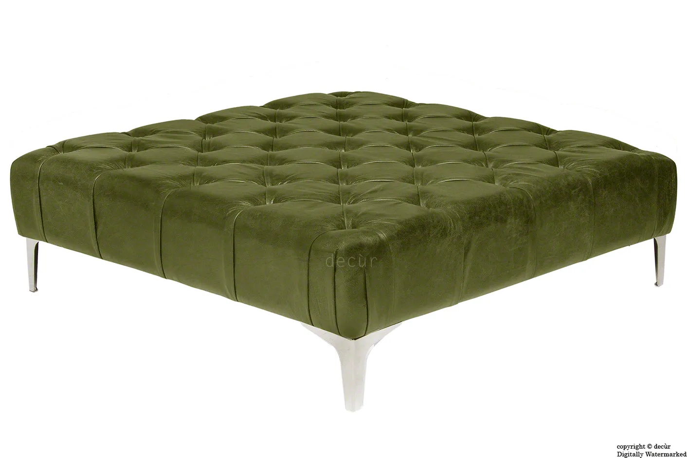 Cecil Modern Buttoned Leather Footstool - Olive Green
