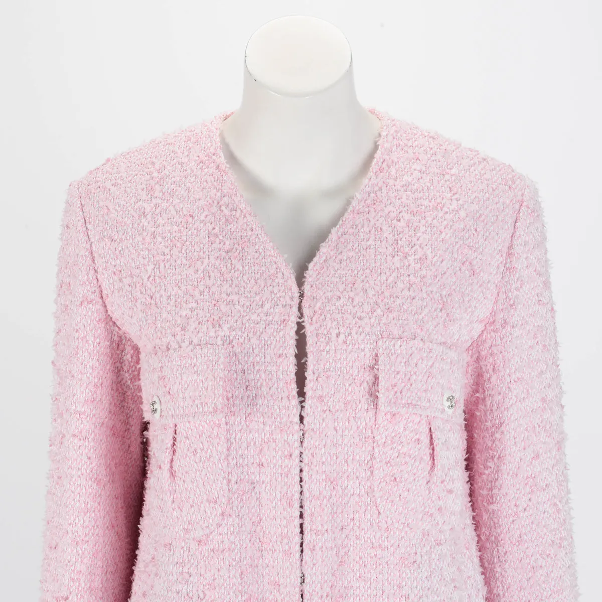 Chanel Pink Fantasy Tweed Collarless Jacket FR 38