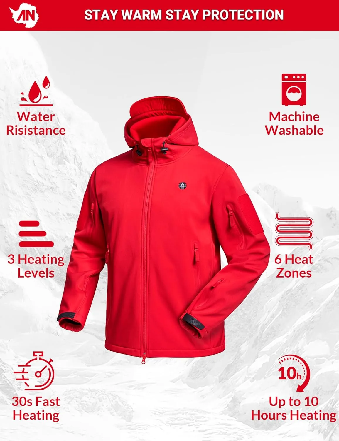 Heated Jacket for Men and Women, ANTARCTICA GEAR Winter Coat with 12V 16000mAh Battery Pack, Soft Shell Heating Hood Jacket