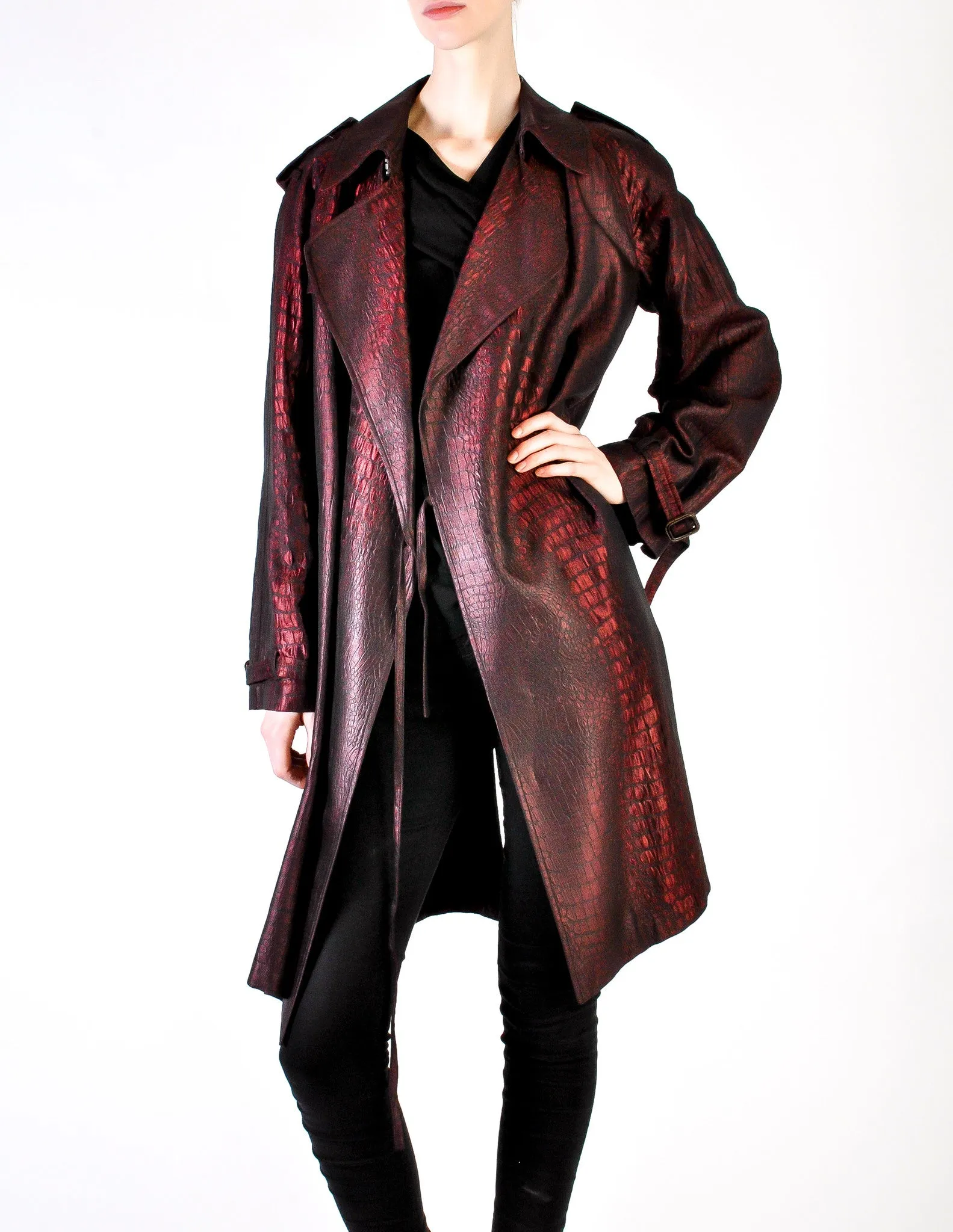 Jean Paul Gaultier Vintage Metallic Maroon Alligator Print Trench Coat
