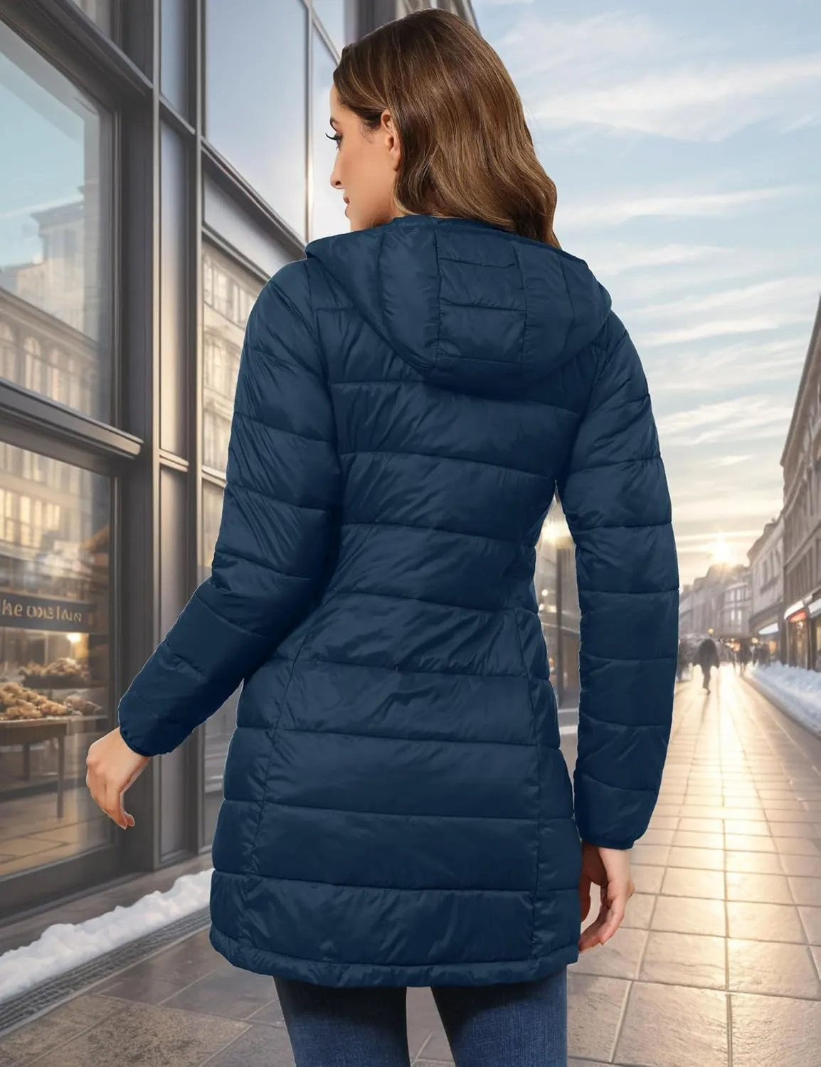 ROYAL MATRIX Women's Packable Puffer Jacket with Hood, Lightweight Long Quilted Puffer Coat with Pockets