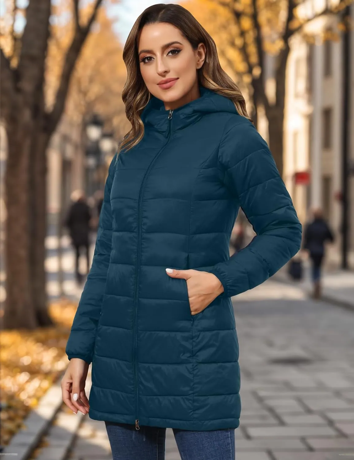 ROYAL MATRIX Women's Packable Puffer Jacket with Hood, Lightweight Long Quilted Puffer Coat with Pockets