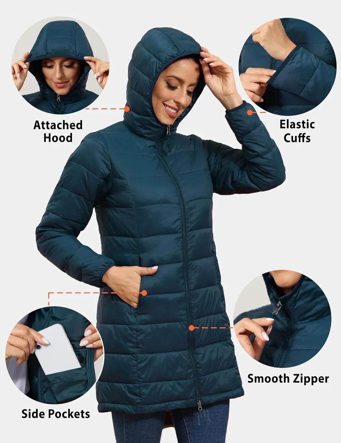ROYAL MATRIX Women's Packable Puffer Jacket with Hood, Lightweight Long Quilted Puffer Coat with Pockets