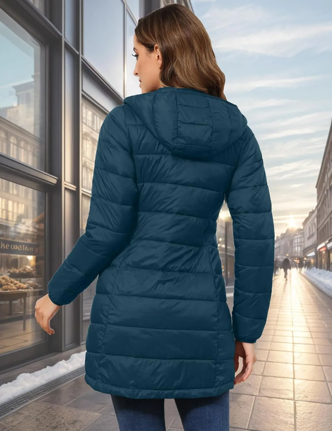 ROYAL MATRIX Women's Packable Puffer Jacket with Hood, Lightweight Long Quilted Puffer Coat with Pockets