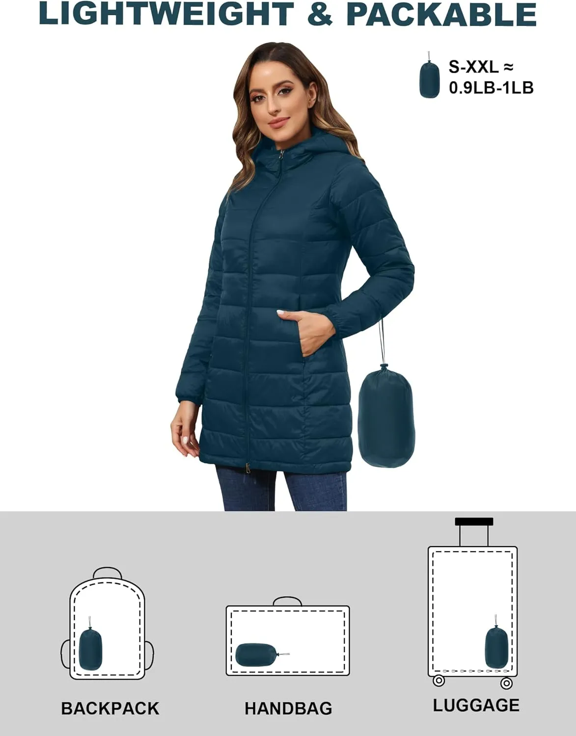 ROYAL MATRIX Women's Packable Puffer Jacket with Hood, Lightweight Long Quilted Puffer Coat with Pockets