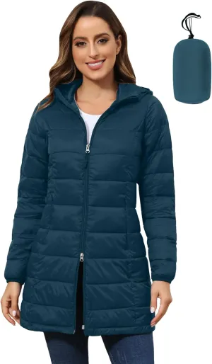 ROYAL MATRIX Women's Packable Puffer Jacket with Hood, Lightweight Long Quilted Puffer Coat with Pockets