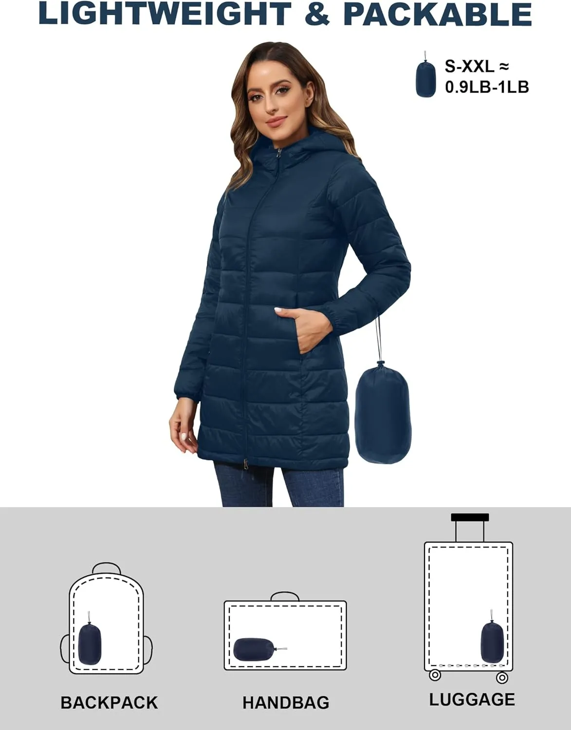 ROYAL MATRIX Women's Packable Puffer Jacket with Hood, Lightweight Long Quilted Puffer Coat with Pockets