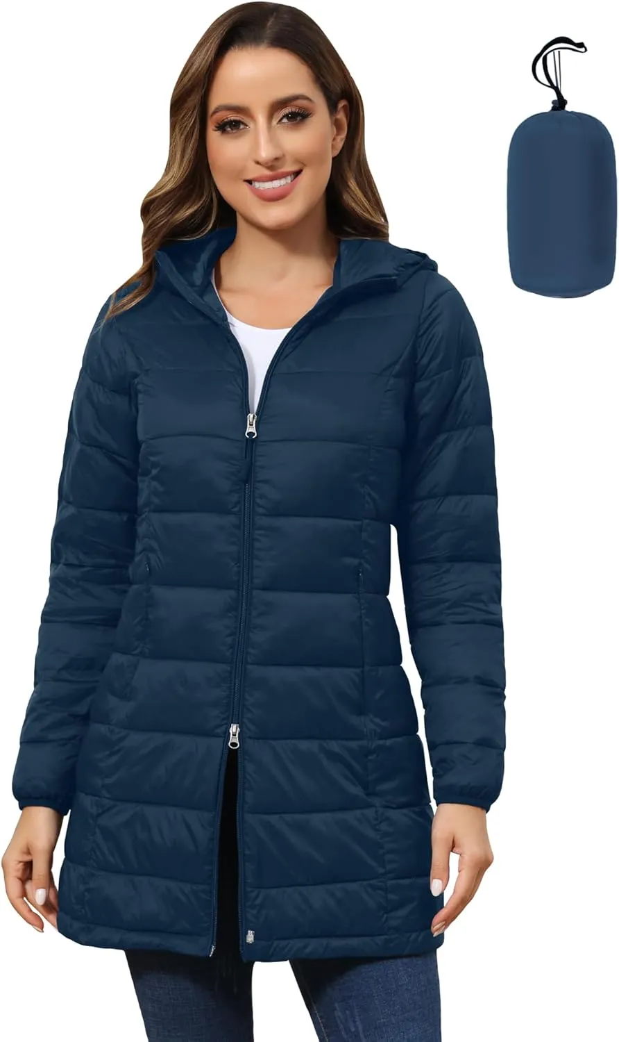 ROYAL MATRIX Women's Packable Puffer Jacket with Hood, Lightweight Long Quilted Puffer Coat with Pockets