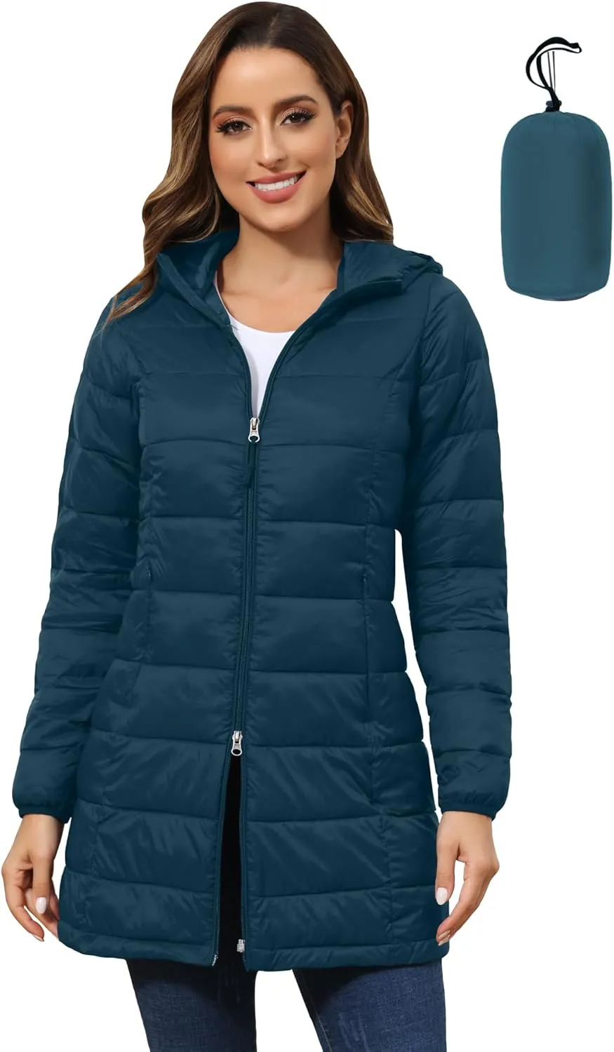 ROYAL MATRIX Women's Packable Puffer Jacket with Hood, Lightweight Long Quilted Puffer Coat with Pockets