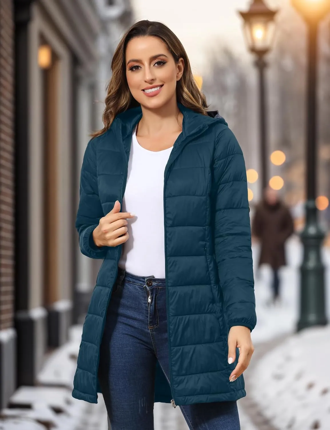 ROYAL MATRIX Women's Packable Puffer Jacket with Hood, Lightweight Long Quilted Puffer Coat with Pockets