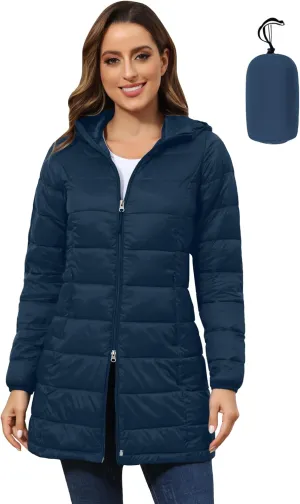 ROYAL MATRIX Women's Packable Puffer Jacket with Hood, Lightweight Long Quilted Puffer Coat with Pockets