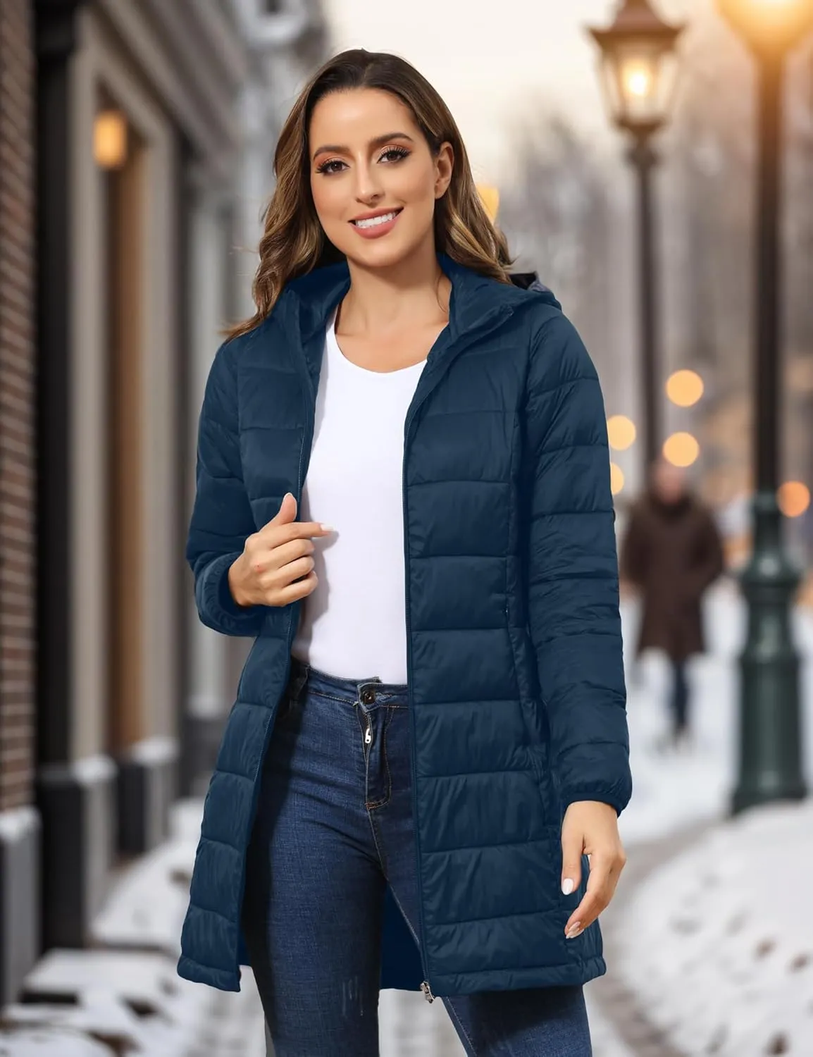 ROYAL MATRIX Women's Packable Puffer Jacket with Hood, Lightweight Long Quilted Puffer Coat with Pockets