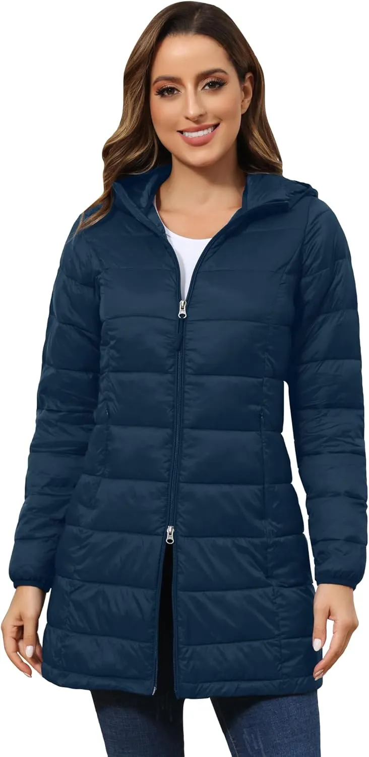 ROYAL MATRIX Women's Packable Puffer Jacket with Hood, Lightweight Long Quilted Puffer Coat with Pockets