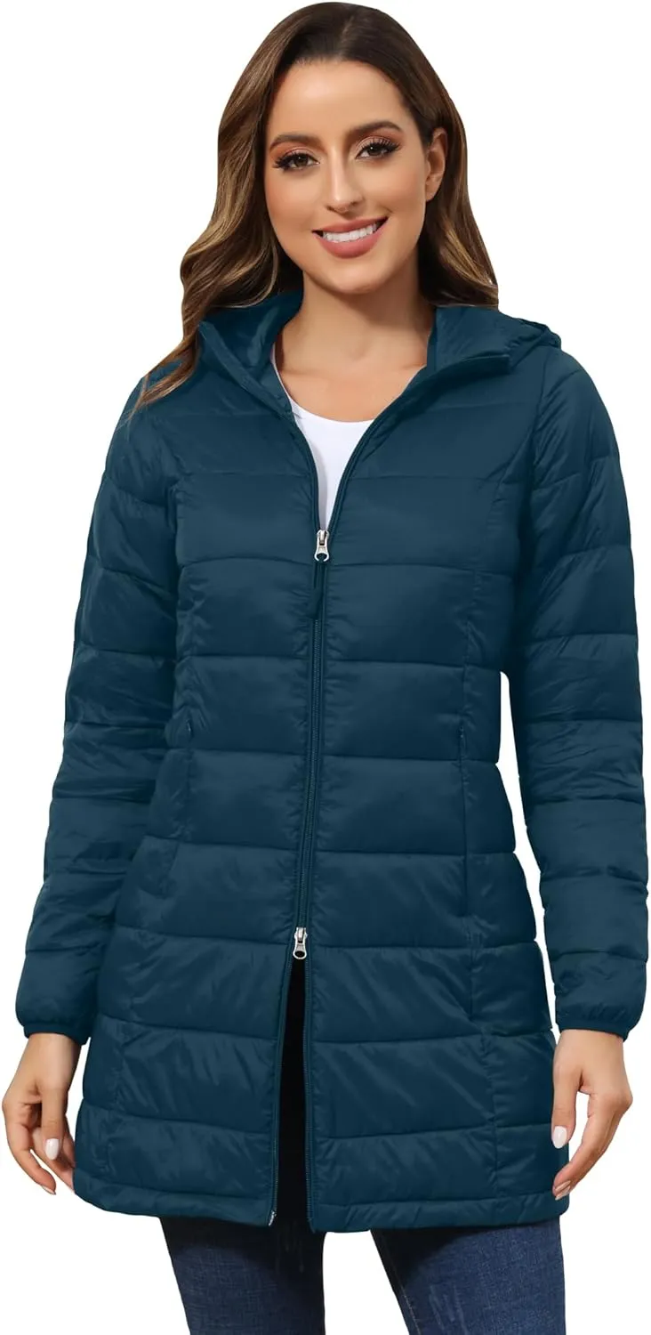ROYAL MATRIX Women's Packable Puffer Jacket with Hood, Lightweight Long Quilted Puffer Coat with Pockets