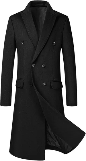 Sexyshine Mens Full Length Wool Trench Coat Notched Lapel Double Breasted Long Overcoat Windbreaker Pea Coat Jacket