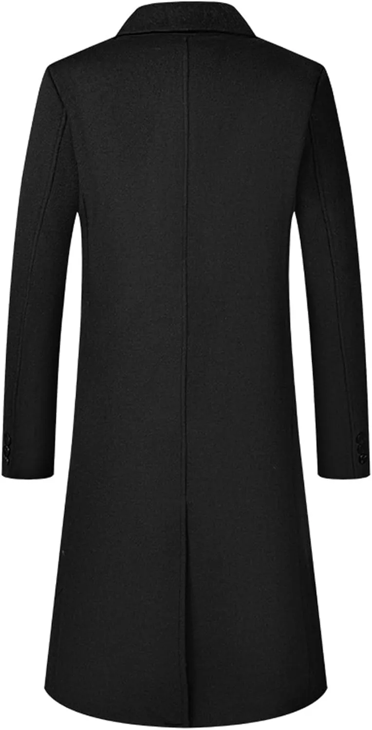 Sexyshine Mens Full Length Wool Trench Coat Notched Lapel Double Breasted Long Overcoat Windbreaker Pea Coat Jacket