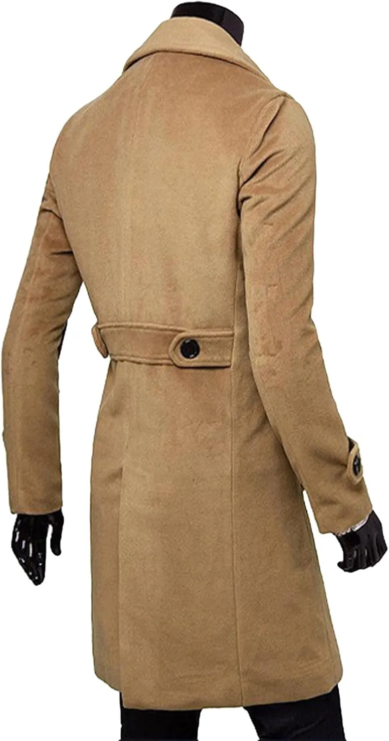 SOMTHRON Men's Casual Trench Coat Slim Fit Notched Collar Long Jacket Business Overcoat Double Breasted Pea Coat