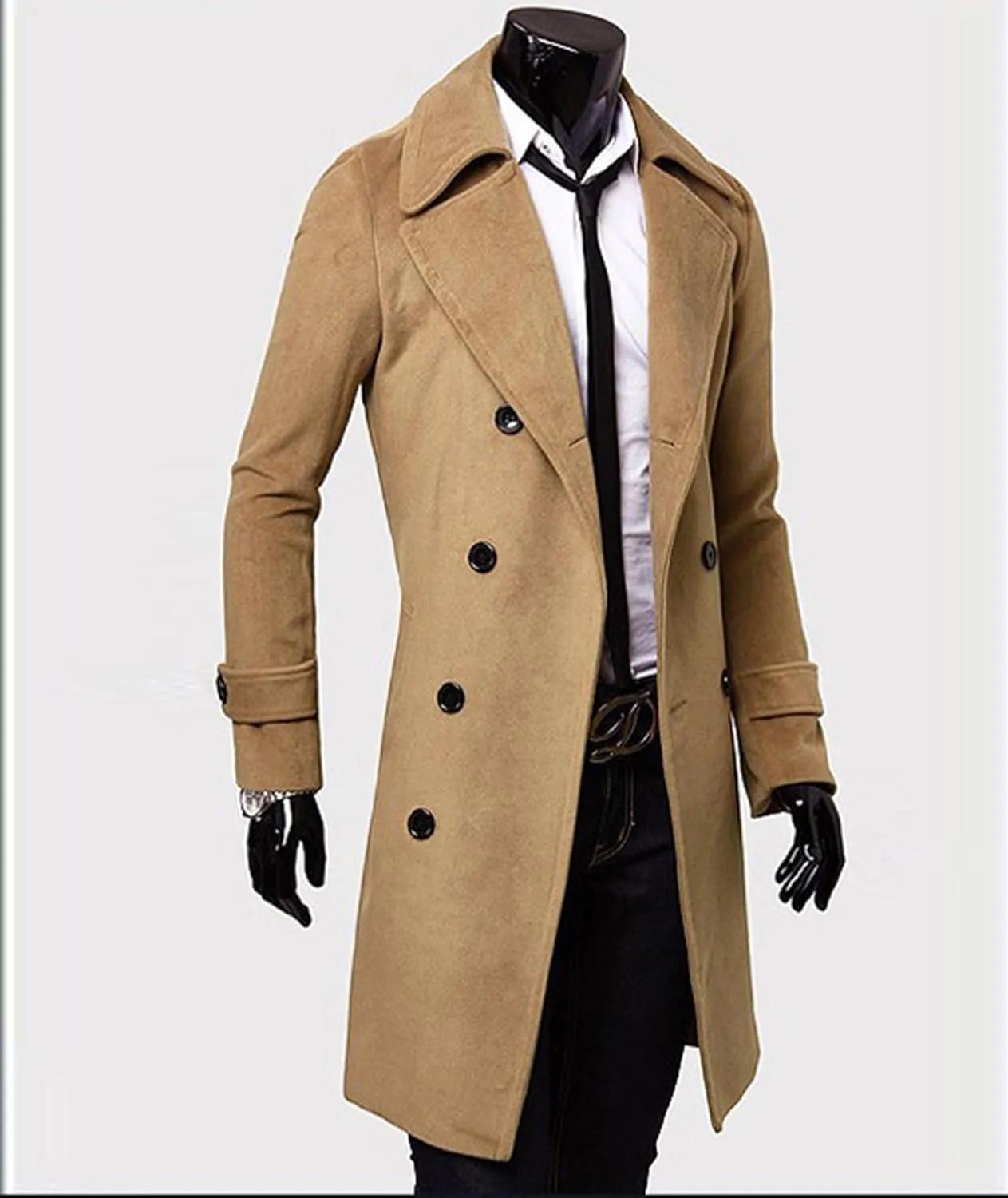 SOMTHRON Men's Casual Trench Coat Slim Fit Notched Collar Long Jacket Business Overcoat Double Breasted Pea Coat