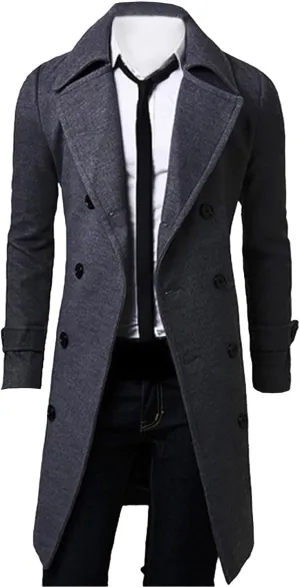 SOMTHRON Men's Casual Trench Coat Slim Fit Notched Collar Long Jacket Business Overcoat Double Breasted Pea Coat