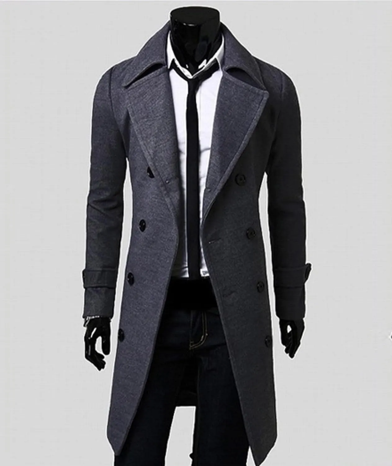 SOMTHRON Men's Casual Trench Coat Slim Fit Notched Collar Long Jacket Business Overcoat Double Breasted Pea Coat