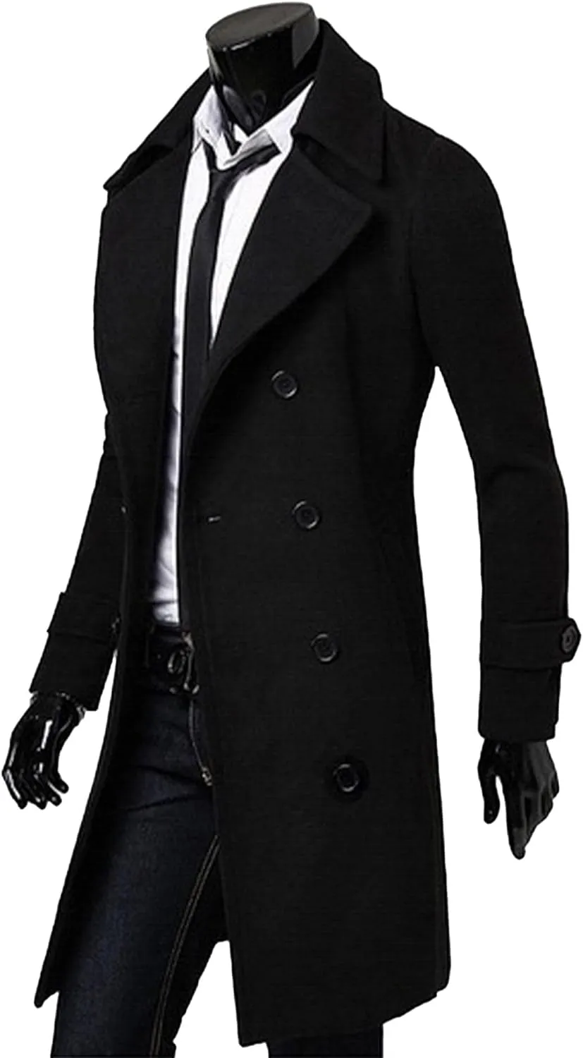 SOMTHRON Men's Casual Trench Coat Slim Fit Notched Collar Long Jacket Business Overcoat Double Breasted Pea Coat