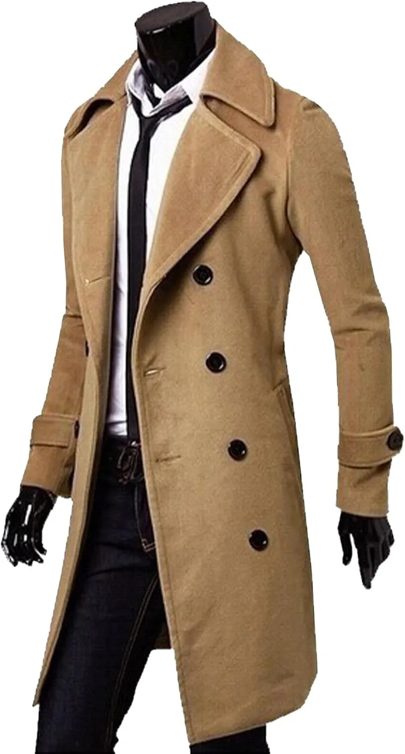 SOMTHRON Men's Casual Trench Coat Slim Fit Notched Collar Long Jacket Business Overcoat Double Breasted Pea Coat