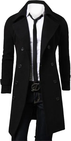 SOMTHRON Men's Casual Trench Coat Slim Fit Notched Collar Long Jacket Business Overcoat Double Breasted Pea Coat