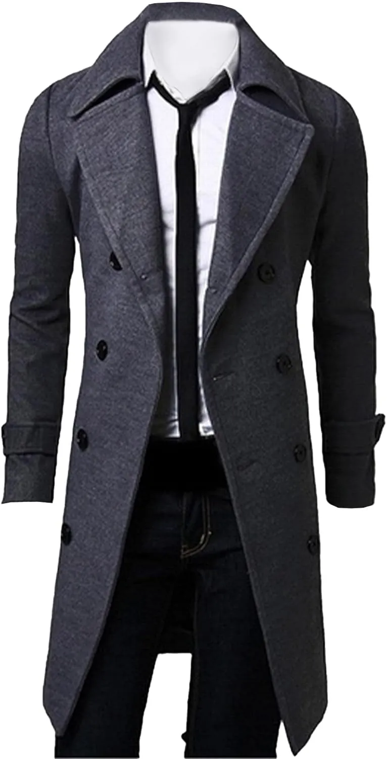 SOMTHRON Men's Casual Trench Coat Slim Fit Notched Collar Long Jacket Business Overcoat Double Breasted Pea Coat