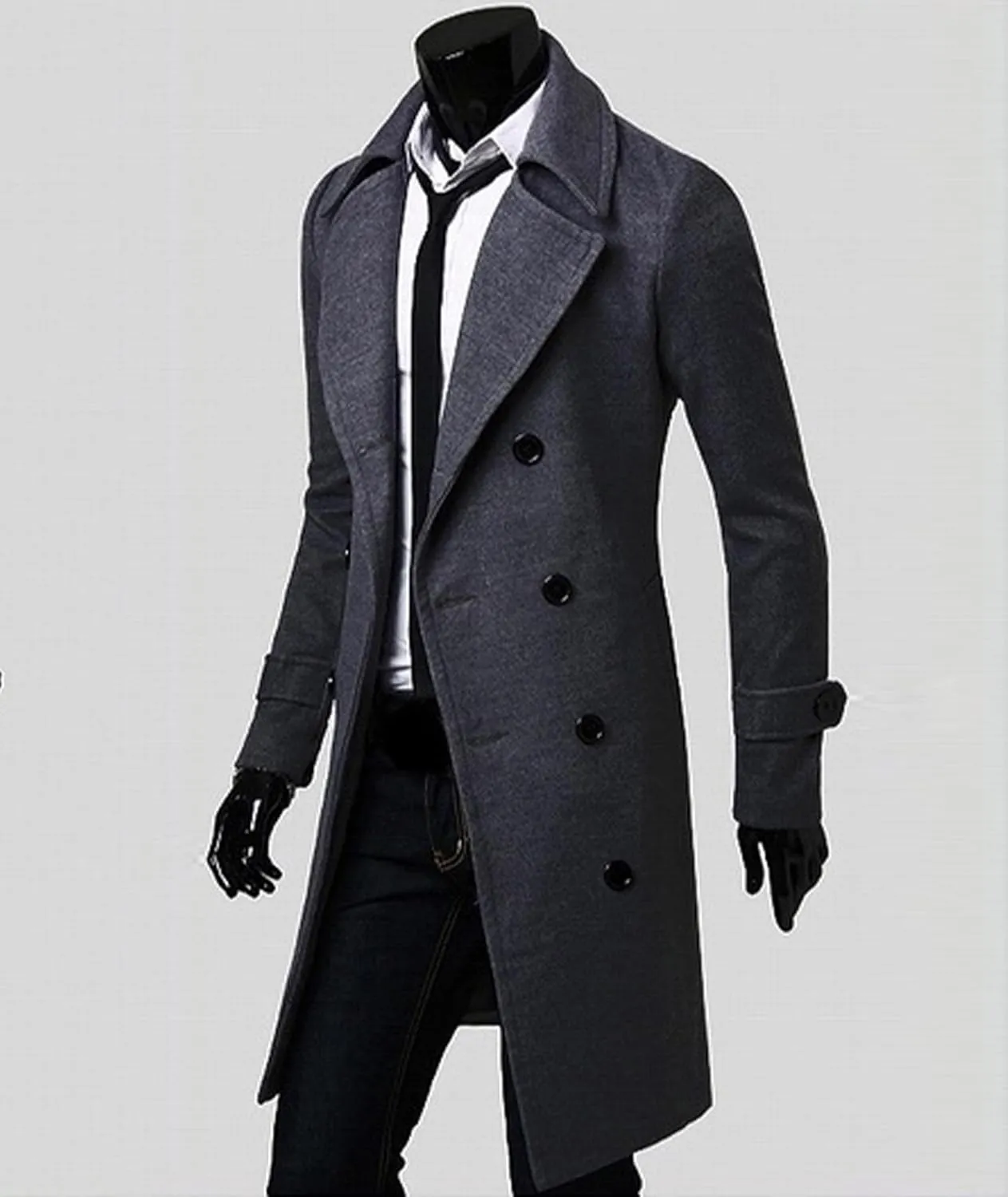 SOMTHRON Men's Casual Trench Coat Slim Fit Notched Collar Long Jacket Business Overcoat Double Breasted Pea Coat