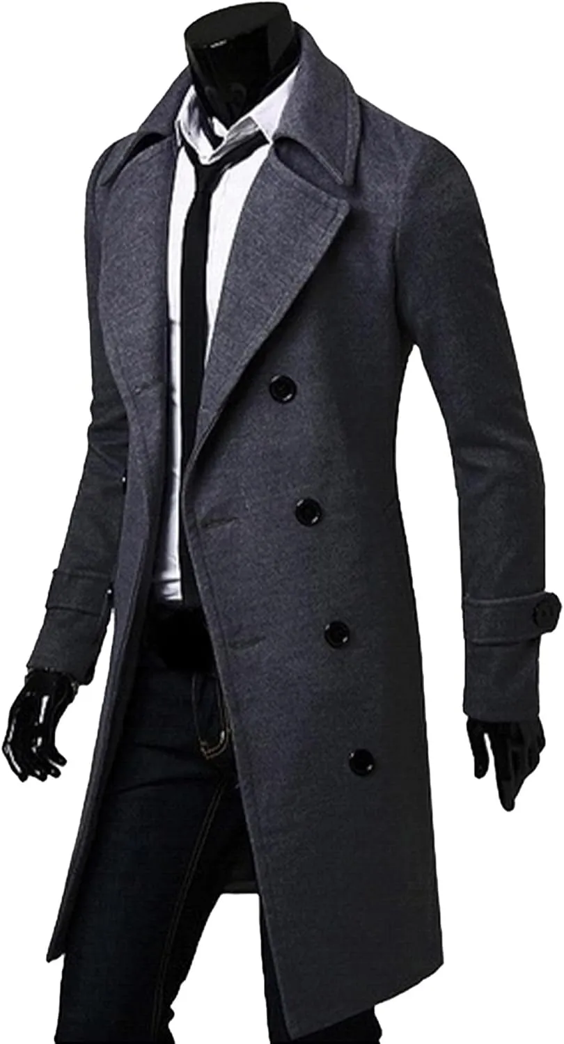 SOMTHRON Men's Casual Trench Coat Slim Fit Notched Collar Long Jacket Business Overcoat Double Breasted Pea Coat