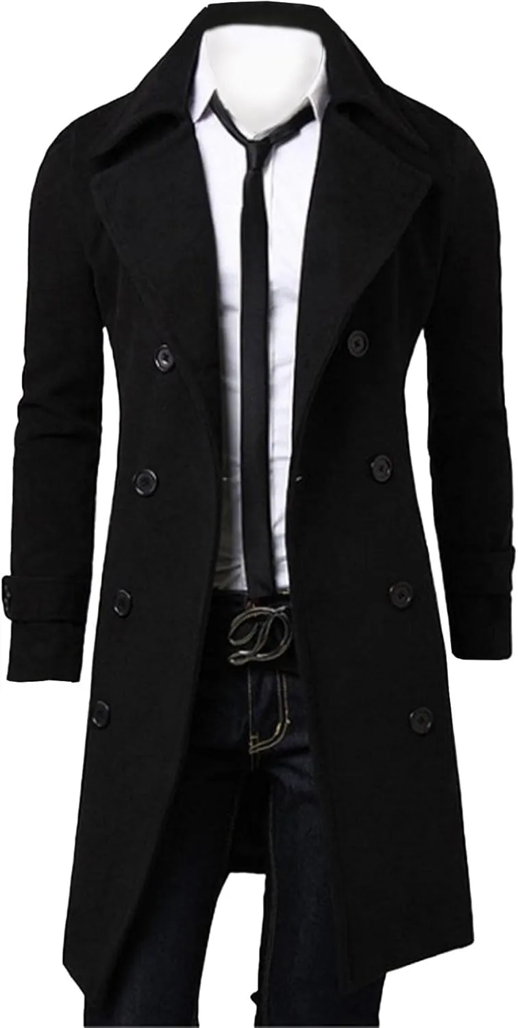 SOMTHRON Men's Casual Trench Coat Slim Fit Notched Collar Long Jacket Business Overcoat Double Breasted Pea Coat