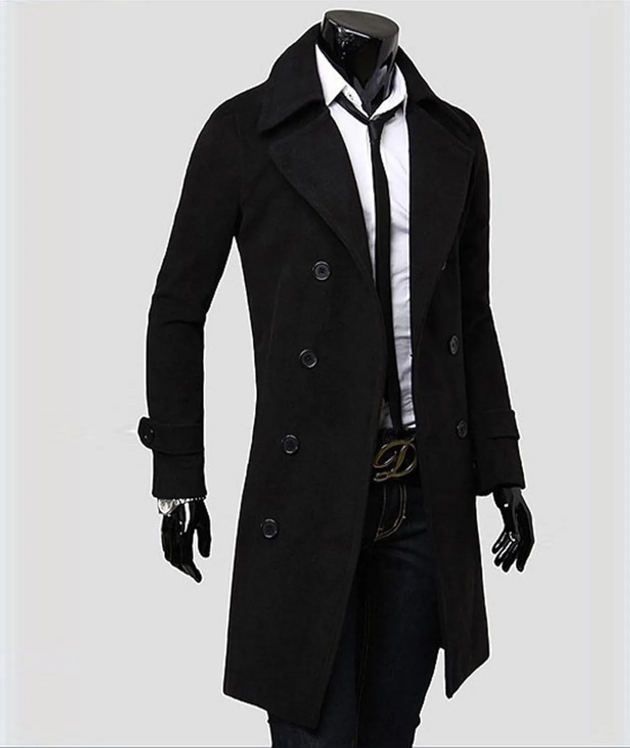 SOMTHRON Men's Casual Trench Coat Slim Fit Notched Collar Long Jacket Business Overcoat Double Breasted Pea Coat