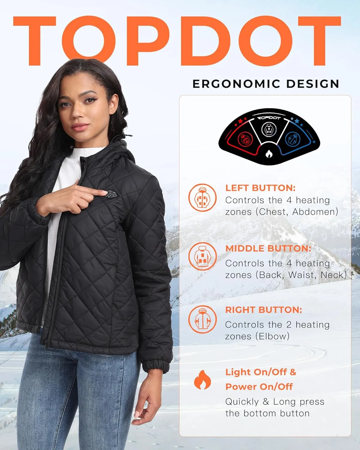 Topdot Quilted Heated Jacket for Women with 16000mAh 7.4V Battery Pack, 10 Heating Zones Lightweight Women's Heated Jacket