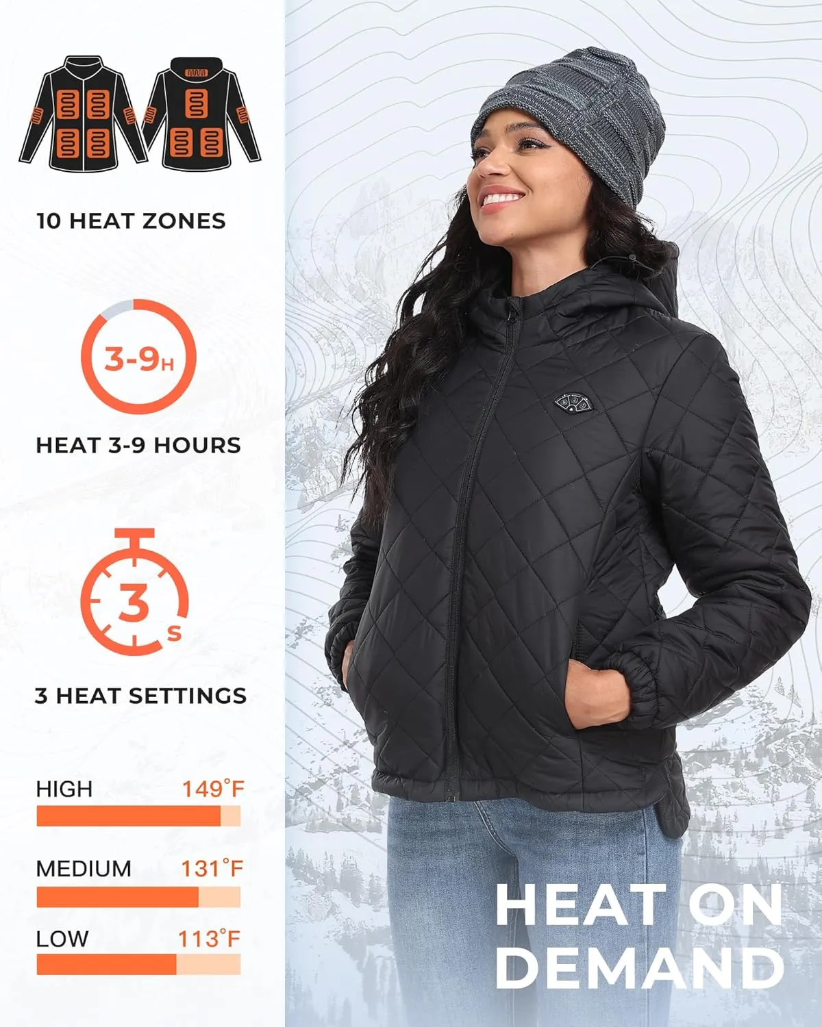 Topdot Quilted Heated Jacket for Women with 16000mAh 7.4V Battery Pack, 10 Heating Zones Lightweight Women's Heated Jacket
