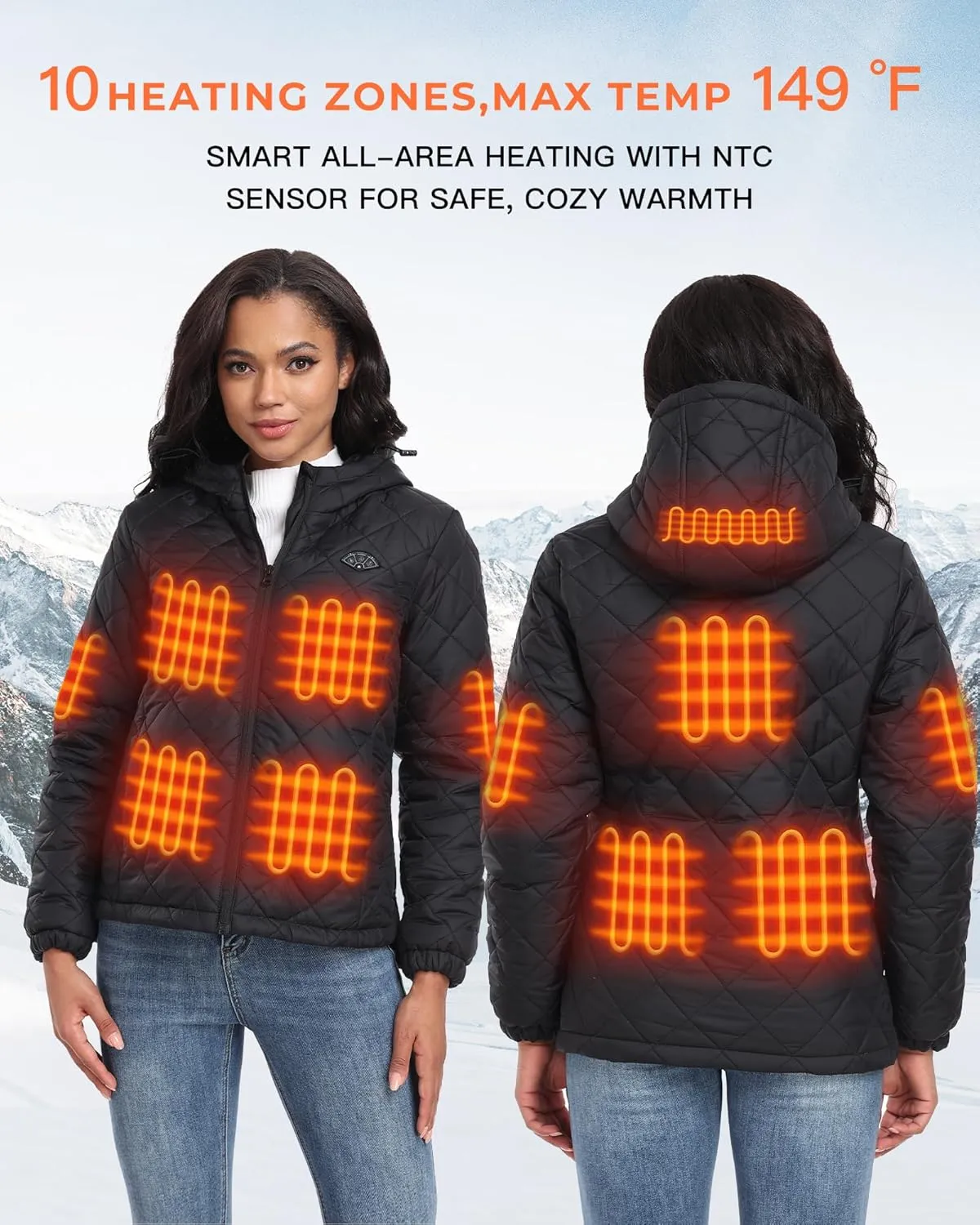 Topdot Quilted Heated Jacket for Women with 16000mAh 7.4V Battery Pack, 10 Heating Zones Lightweight Women's Heated Jacket