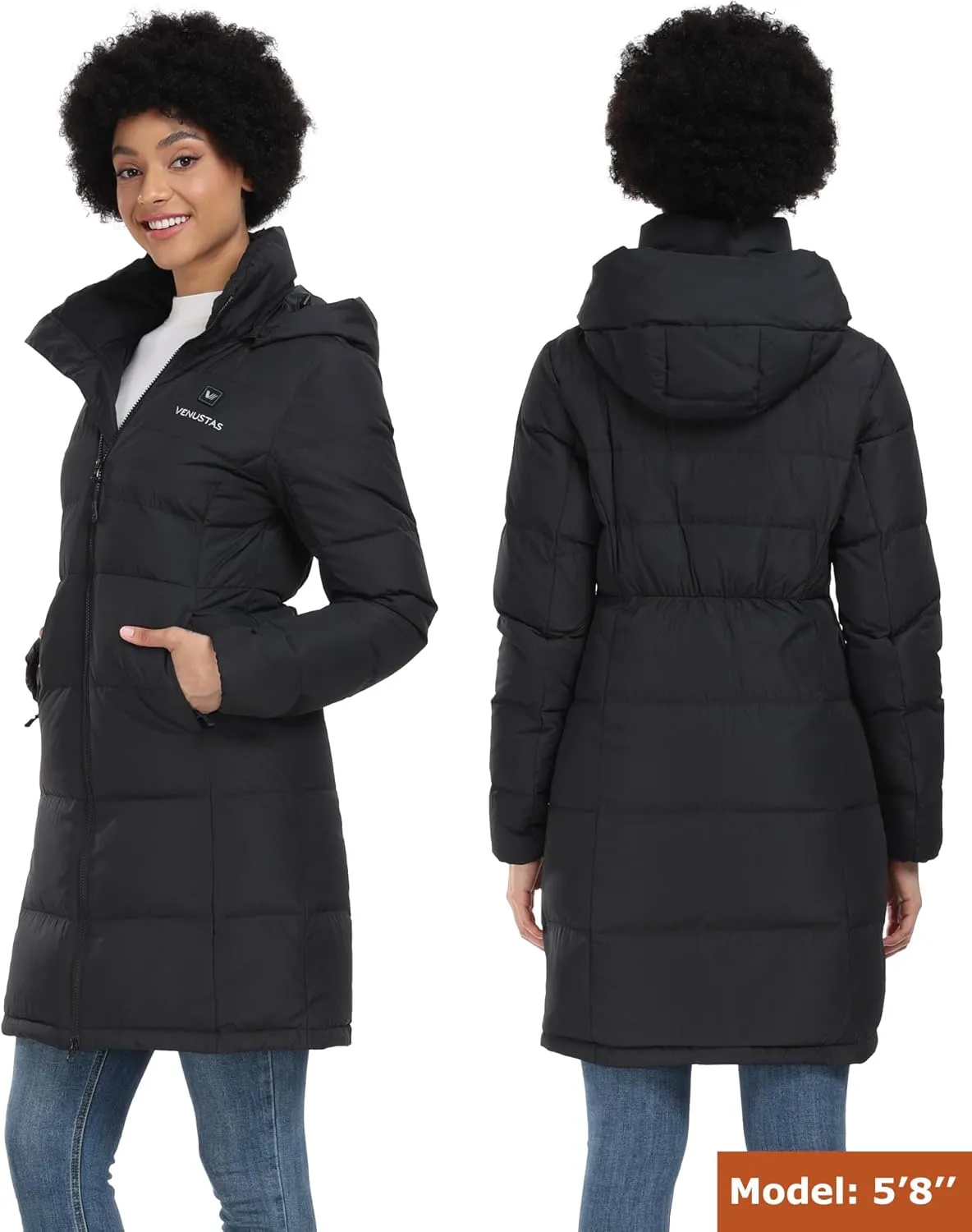 Venustas Women's Recycled Down Heated Jacket with Battery Pack, Winter Heated Puffer Coat with Detachable Hood