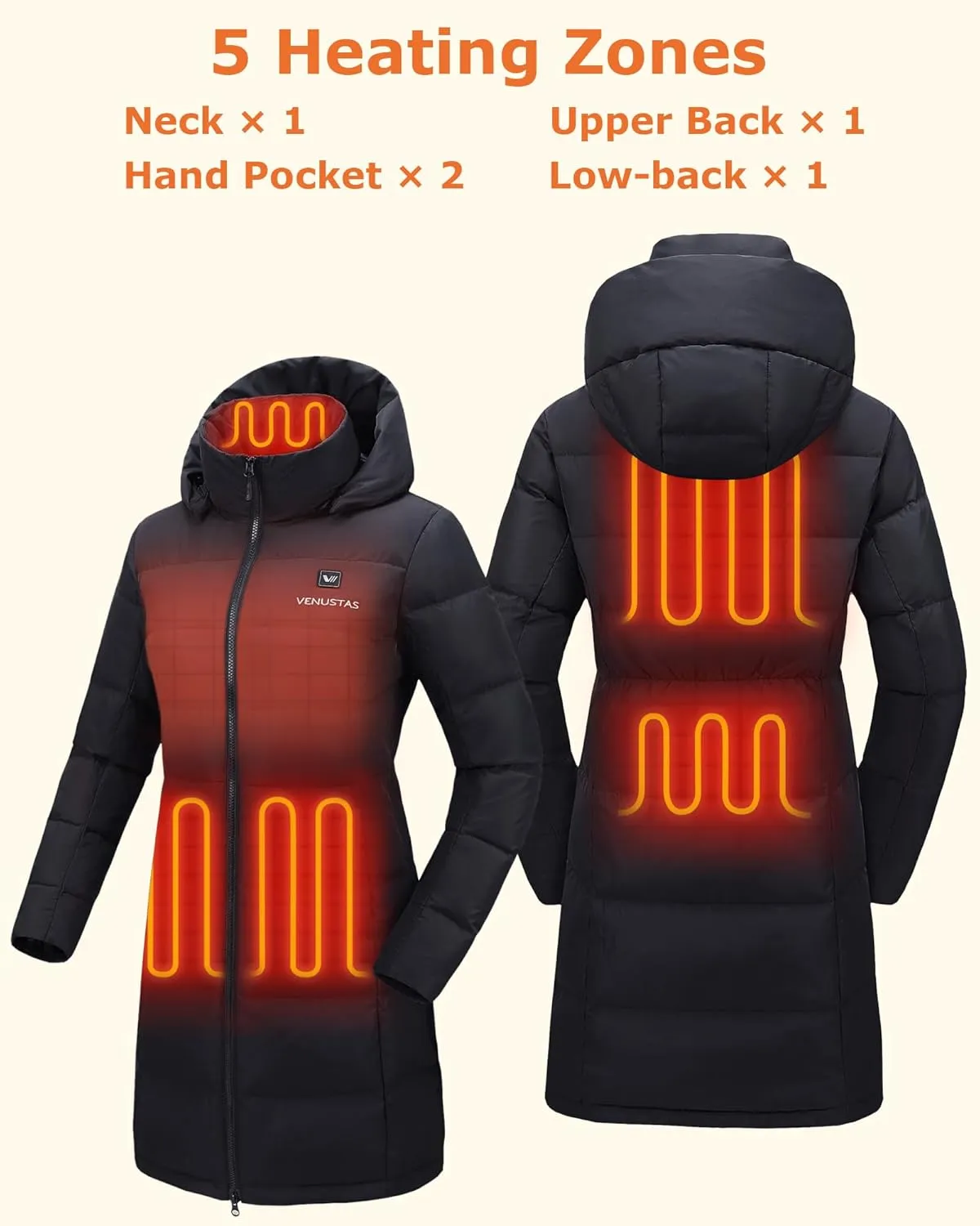 Venustas Women's Recycled Down Heated Jacket with Battery Pack, Winter Heated Puffer Coat with Detachable Hood