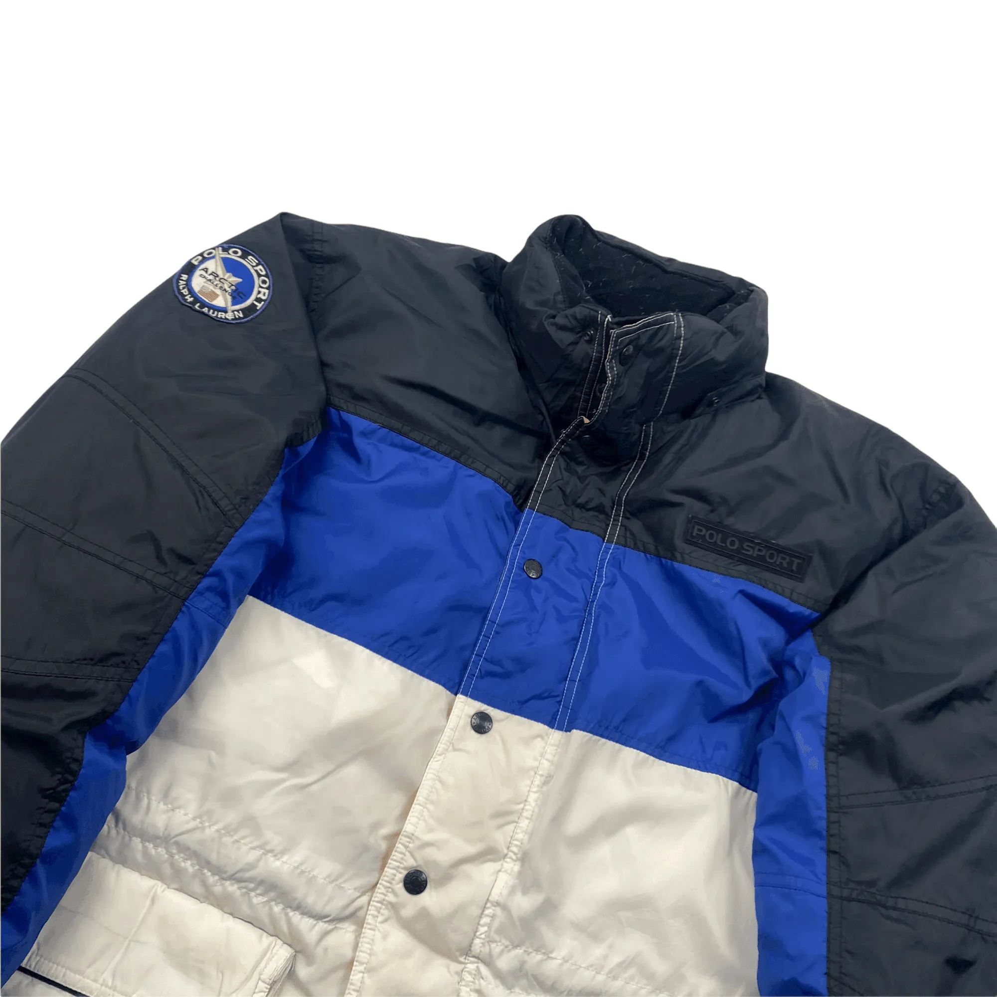 Vintage 90s Blue, White   Black Ralph Lauren Polo Sport Artic Challenge Puffer Coat/ Jacket - Large