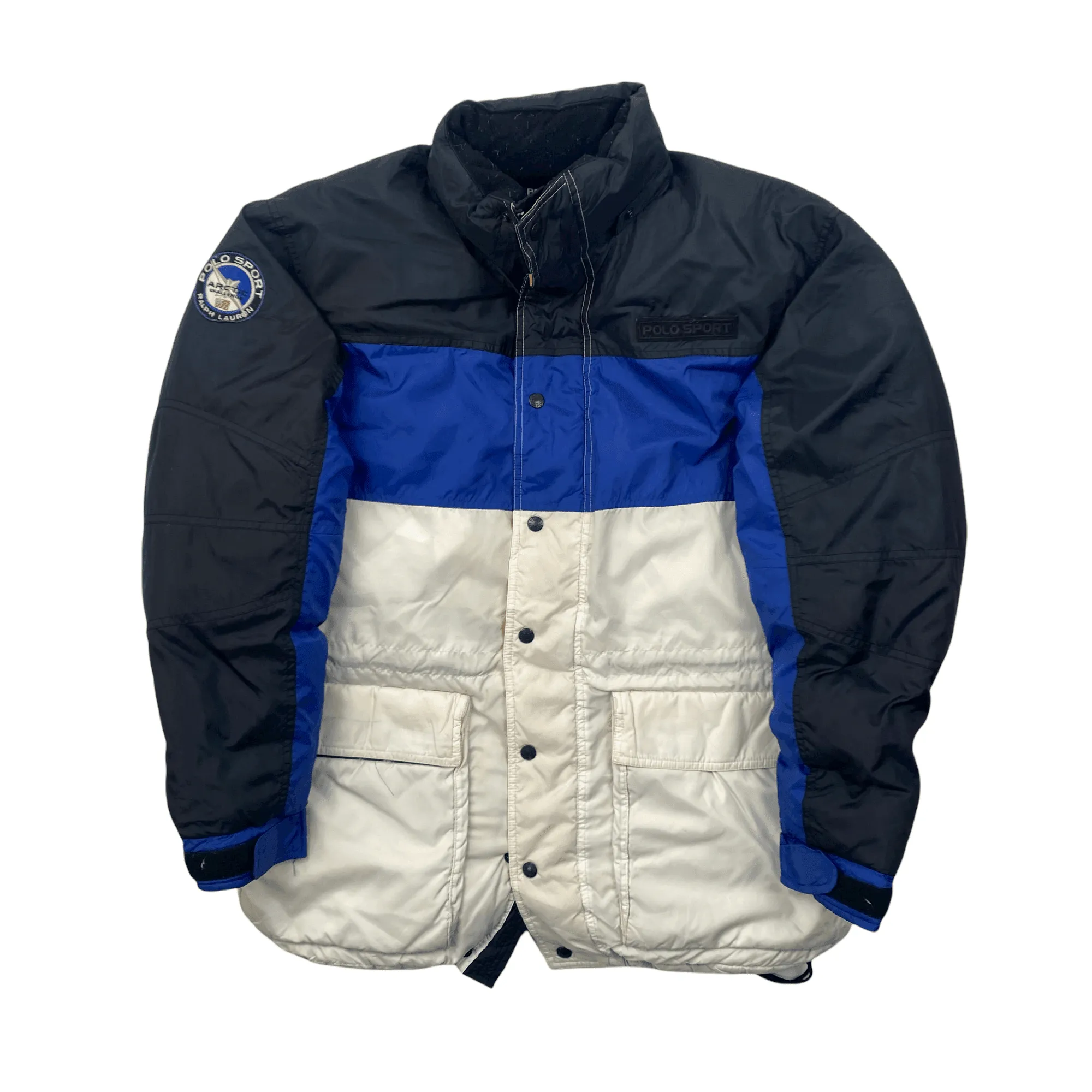 Vintage 90s Blue, White   Black Ralph Lauren Polo Sport Artic Challenge Puffer Coat/ Jacket - Large