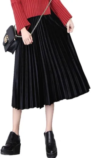 Women's Gold Velvet Pleated Fashion Long Skirt