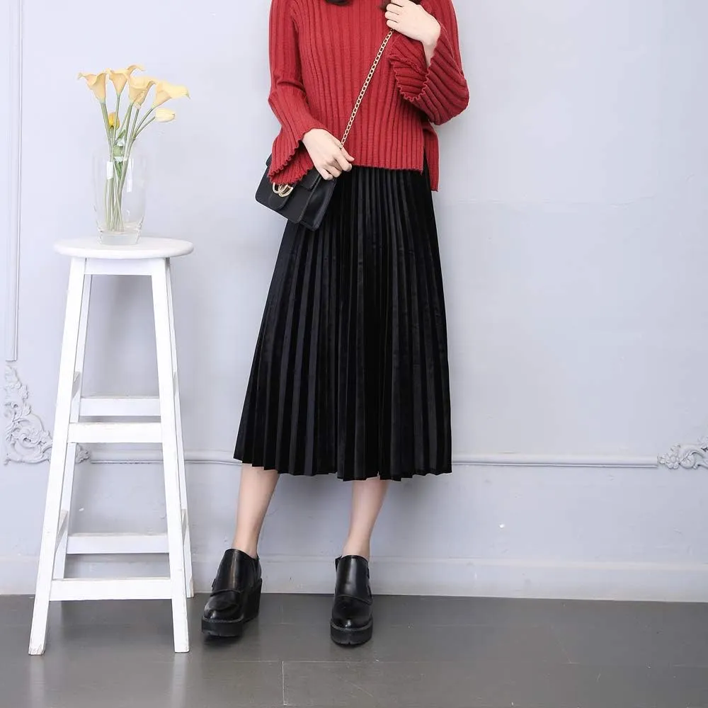 Women's Gold Velvet Pleated Fashion Long Skirt