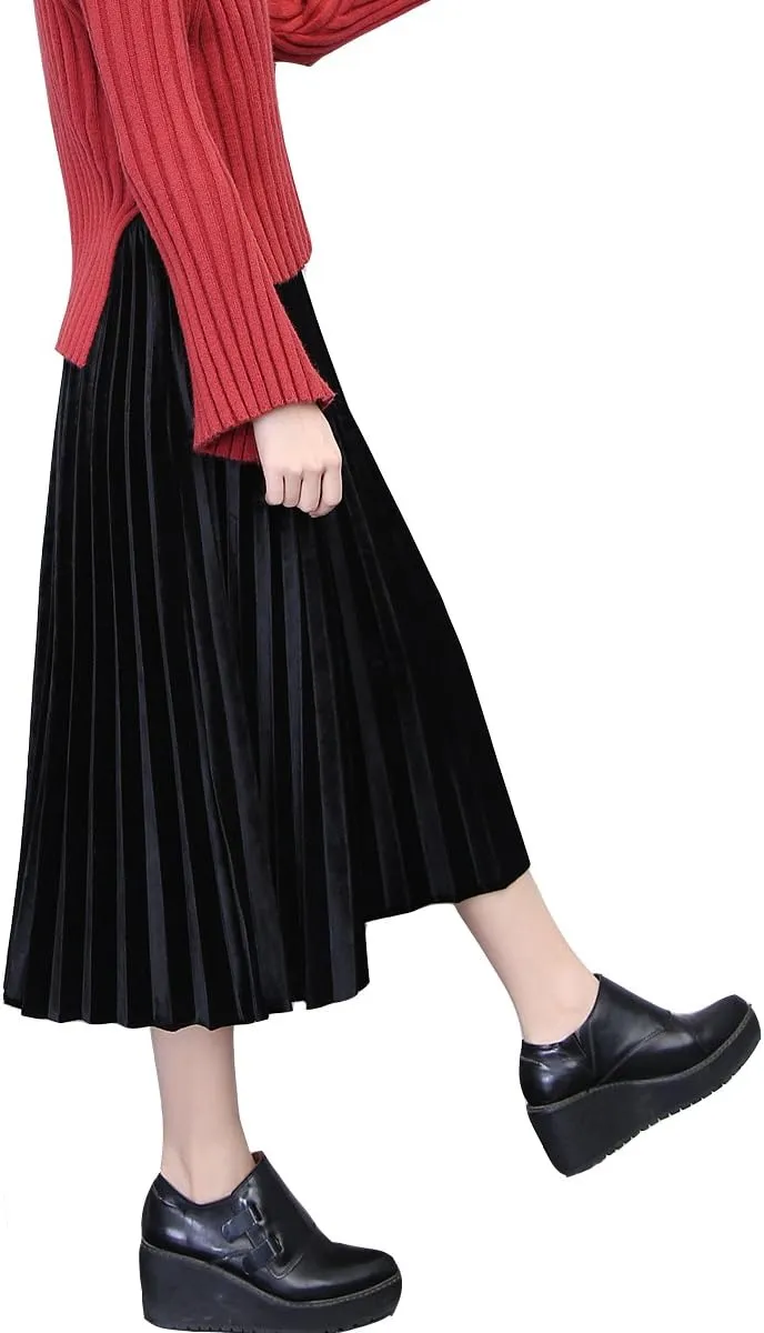 Women's Gold Velvet Pleated Fashion Long Skirt