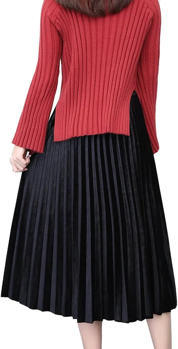Women's Gold Velvet Pleated Fashion Long Skirt