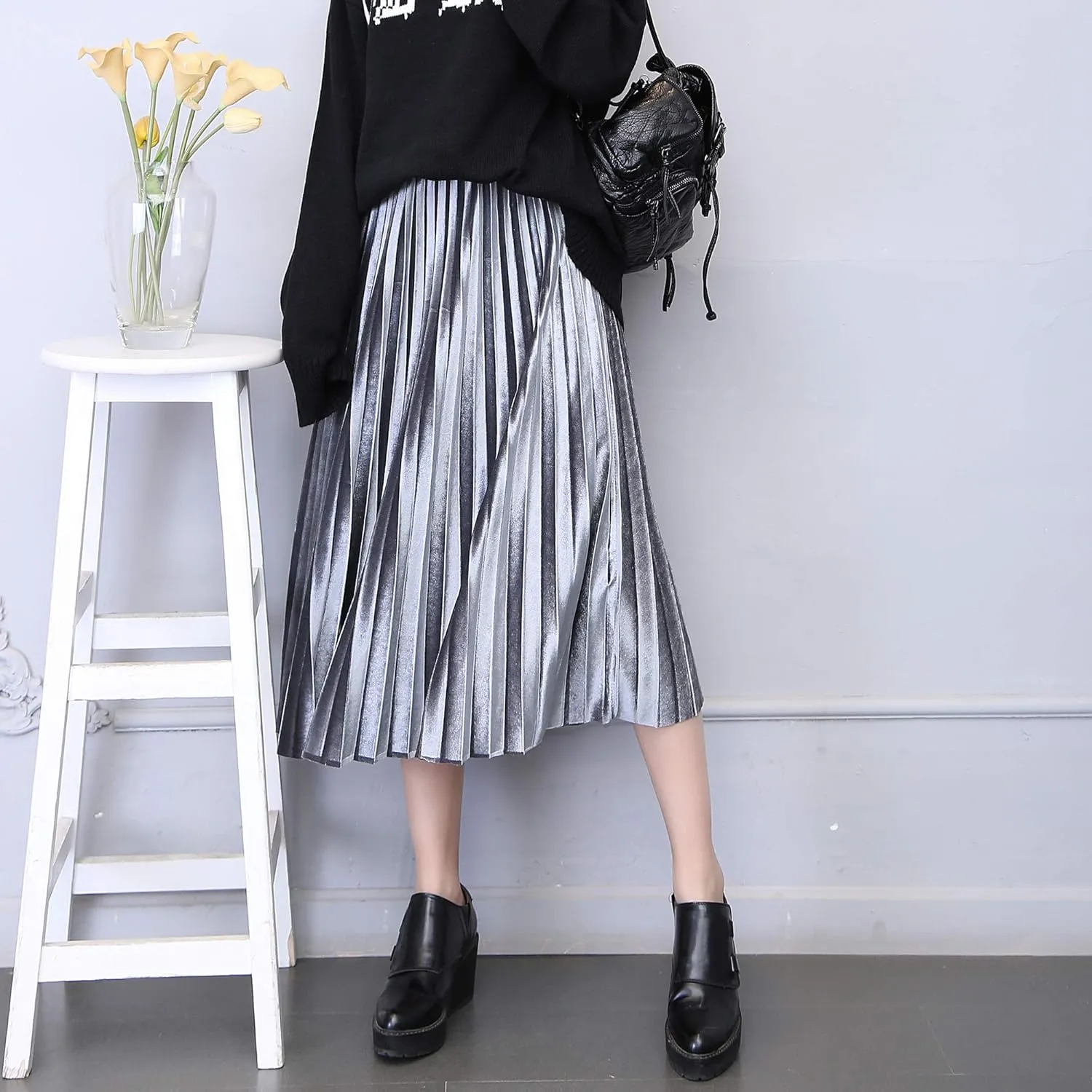 Women's Gold Velvet Pleated Fashion Long Skirt