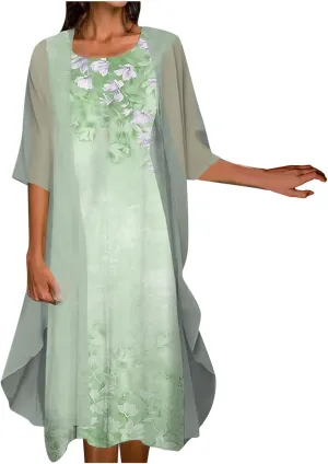 Women's Linen Dress Floral Print Ruffle Irregular Hem Sleeveless Tank Maxi Dress with Long Jacket Loose Two Piece Set