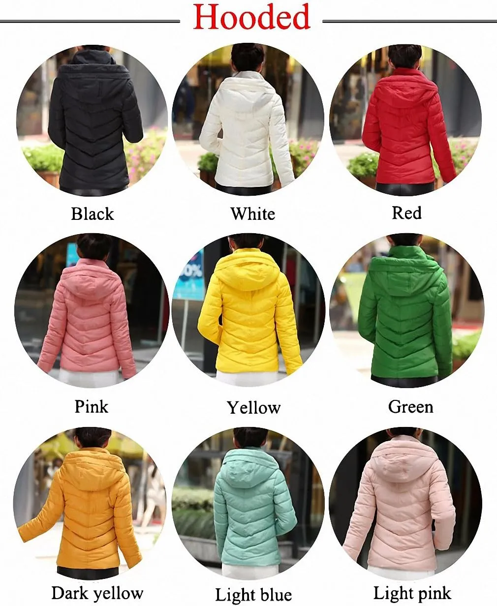Womens Parka Hooded Winter Jacket Short Cotton Padded Coat Autumn Casaco Feminino Solid Color Parka Stand Collar