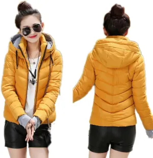 Womens Parka Hooded Winter Jacket Short Cotton Padded Coat Autumn Casaco Feminino Solid Color Parka Stand Collar