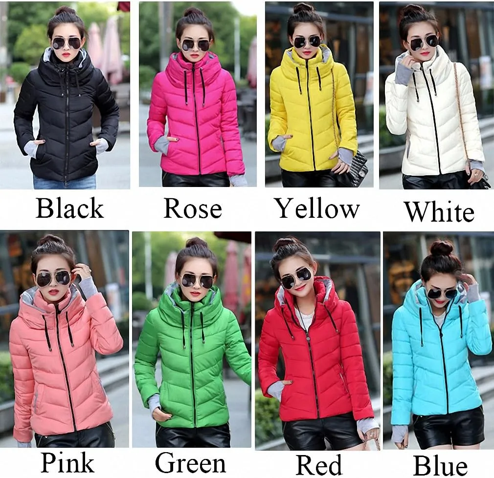 Womens Parka Hooded Winter Jacket Short Cotton Padded Coat Autumn Casaco Feminino Solid Color Parka Stand Collar