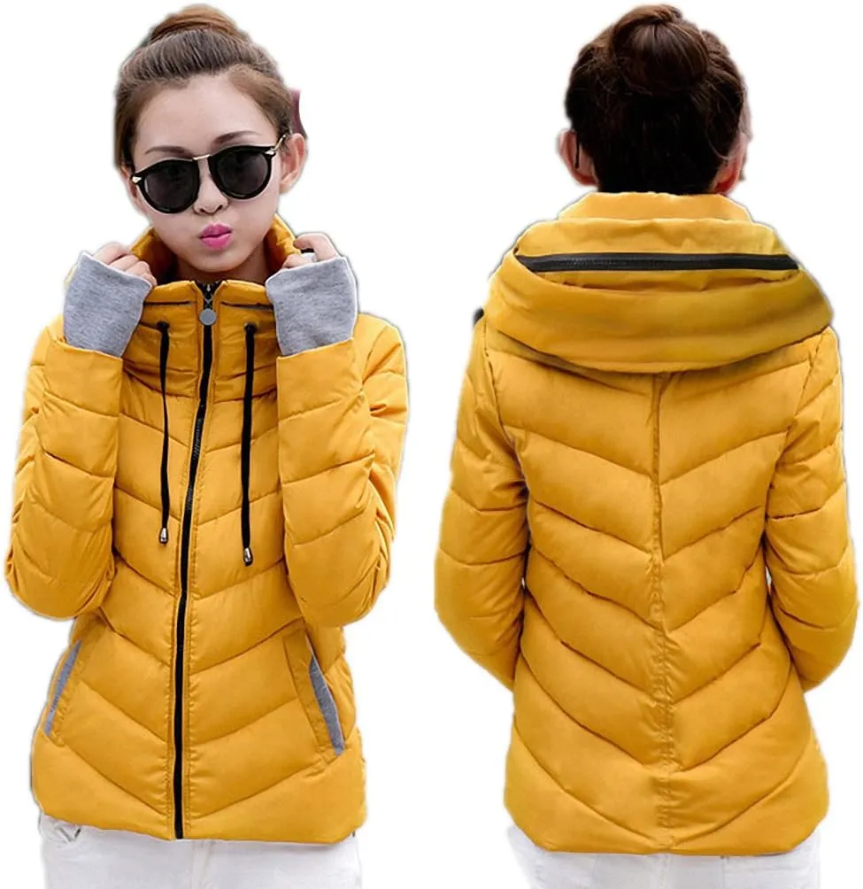 Womens Parka Hooded Winter Jacket Short Cotton Padded Coat Autumn Casaco Feminino Solid Color Parka Stand Collar